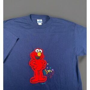 Vintage 90s Elmo‎ T-shirt Sesame Street Fuzzy Logo Embroidered Size 2XL Navy EUC
